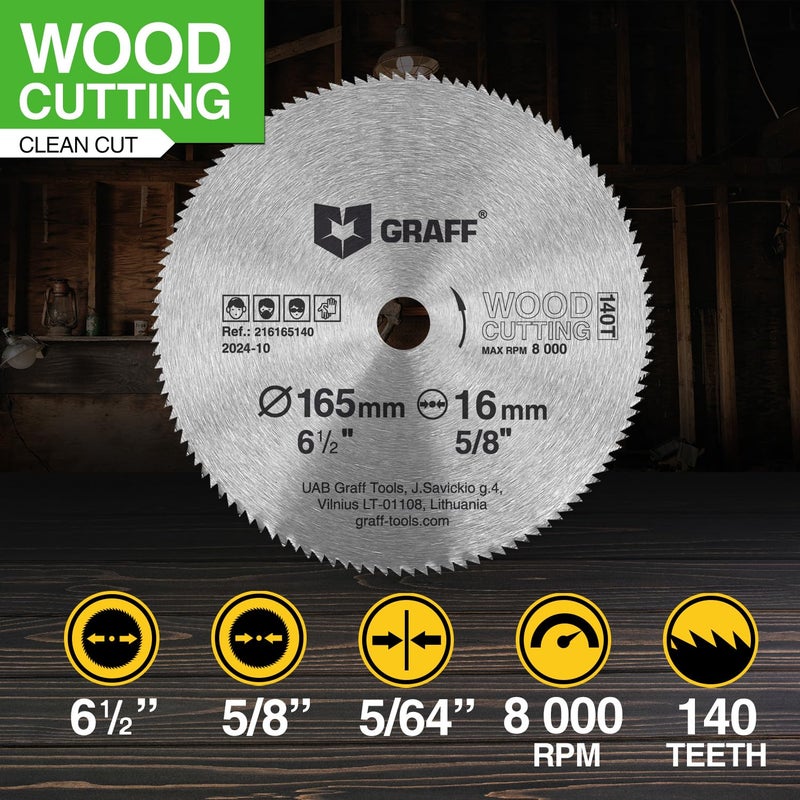 GRAFF 6-1/2 Inch Carbon Steel Circular Saw Blade for Wood, Plywood, Laminate, Drywall, Plastic – 140T Wood Cutting Disc with 5/8 Inch Arbor from - Image 2